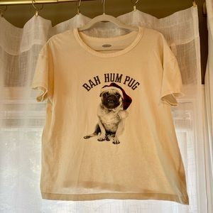 Christmas BahHum Pug Dog w santa hat short sleeve shirt beige xmas